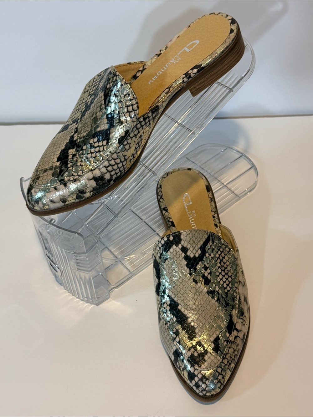 CL by Laundry Snake Print Mule Loafers Metallic Pointed Toe Slides Size 7M